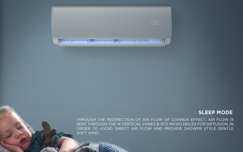 Sleep Mode - Through the redirection of air flow of Coanda effect, air flow is sent through the 14 Vertical Vanes & 1372 Micro Holes for diffusion, in order to avoid direct air flow and provide shower style gentle soft wind 