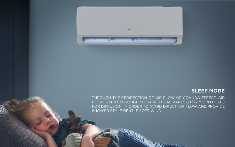 Sleep Mode - Through the redirection of air flow of Coanda effect, air flow is sent through the 14 Vertical Vanes & 1372 Micro Holes for diffusion, in order to avoid direct air flow and provide shower style gentle soft wind 