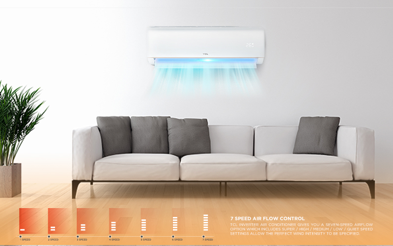 5 speed air flow control - TCL Inverter Air Conditioner gives you a five-speed airflow option which includes Super / High / Medium / Low / Quiet speed settings allow the perfect wind intensity to be specified.