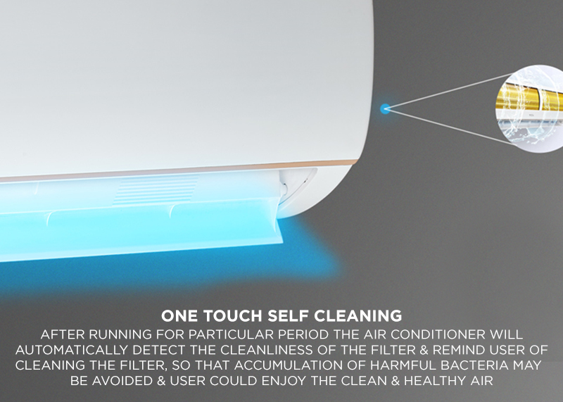 One touch Self Cleaning - After Running for particular period the air Conditioner will automatically detect the cleanliness of the filter & remind user of cleaning the filter, so that accumulation of harmful bacteria may be avoided & user could enjoy the clean & Healthy air. 