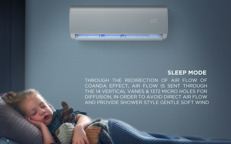 Sleep Mode - Through the redirection of air flow of Coanda effect, air flow is sent through the 14 Vertical Vanes & 1372 Micro Holes for diffusion, in order to avoid direct air flow and provide shower style gentle soft wind