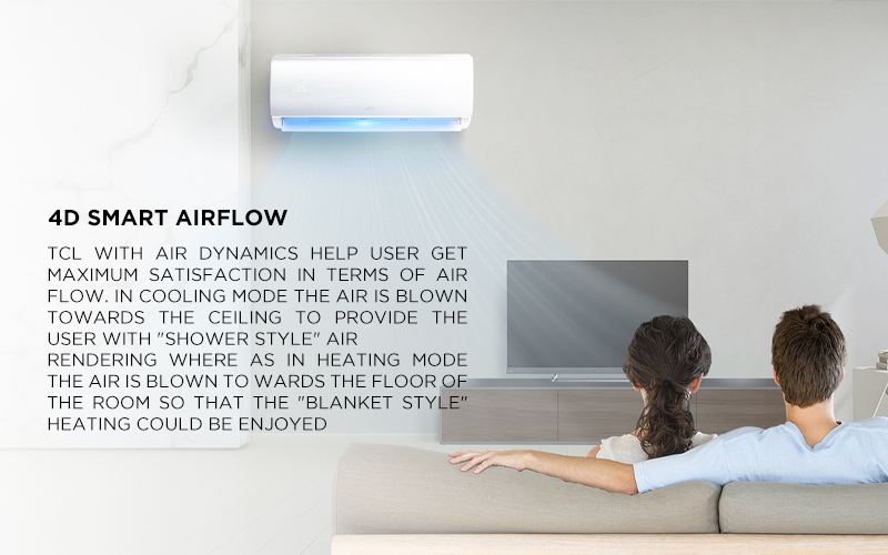 4D Smart Airflow - TCL with air dynamics help user get maximum satisfaction in terms of air flow. In Cooling mode the air is blown towards the ceiling to provide the user with (Shower style) air rendering where as in Heating mode the air is blown to wards the floor of the room so that the (Blanket style) heating could be enjoyed  