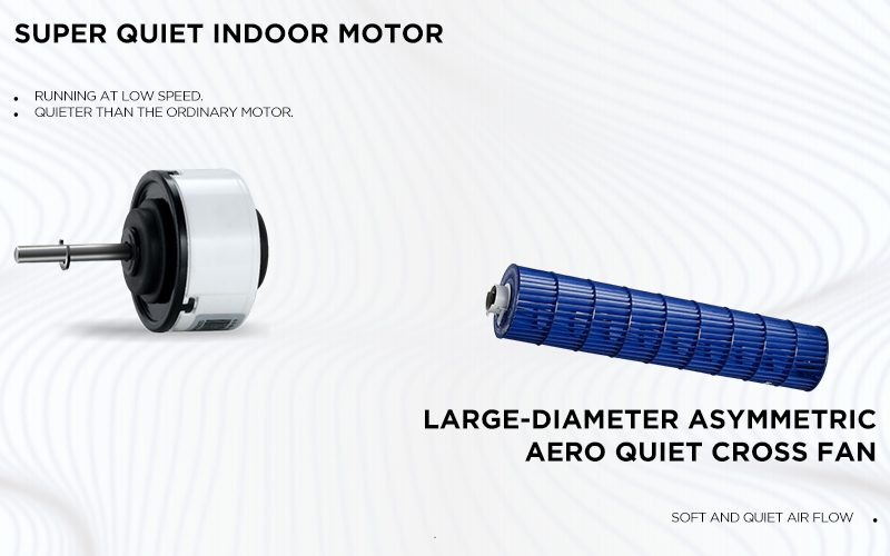 SUPER QUIET INDOOR MOTOR Running at low speed. Quieter than the ordinary motor. Large-diameter asymmetric aero quiet cross fan - Soft and quiet air flow  