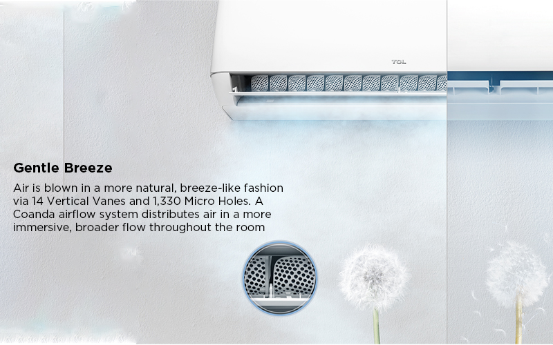 Gentle Breeze - Air is blown in a more natural, breeze-like fashion via 14 Vertical Vanes and 1,330 Micro Holes. A Coanda airflow system distributes air in a more immersive, broader flow throughout the room