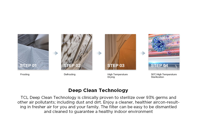 Deep Clean Technology - TCL Deep Clean Technology is clinically proven to sterilize over 93% germs and other air pollutants; including dust and dirt. Enjoy a cleaner, healthier aircon-resulting in fresher air for you and your family. The filter can be easy to be dismantled and cleaned to guarantee a healthy indoor environment 